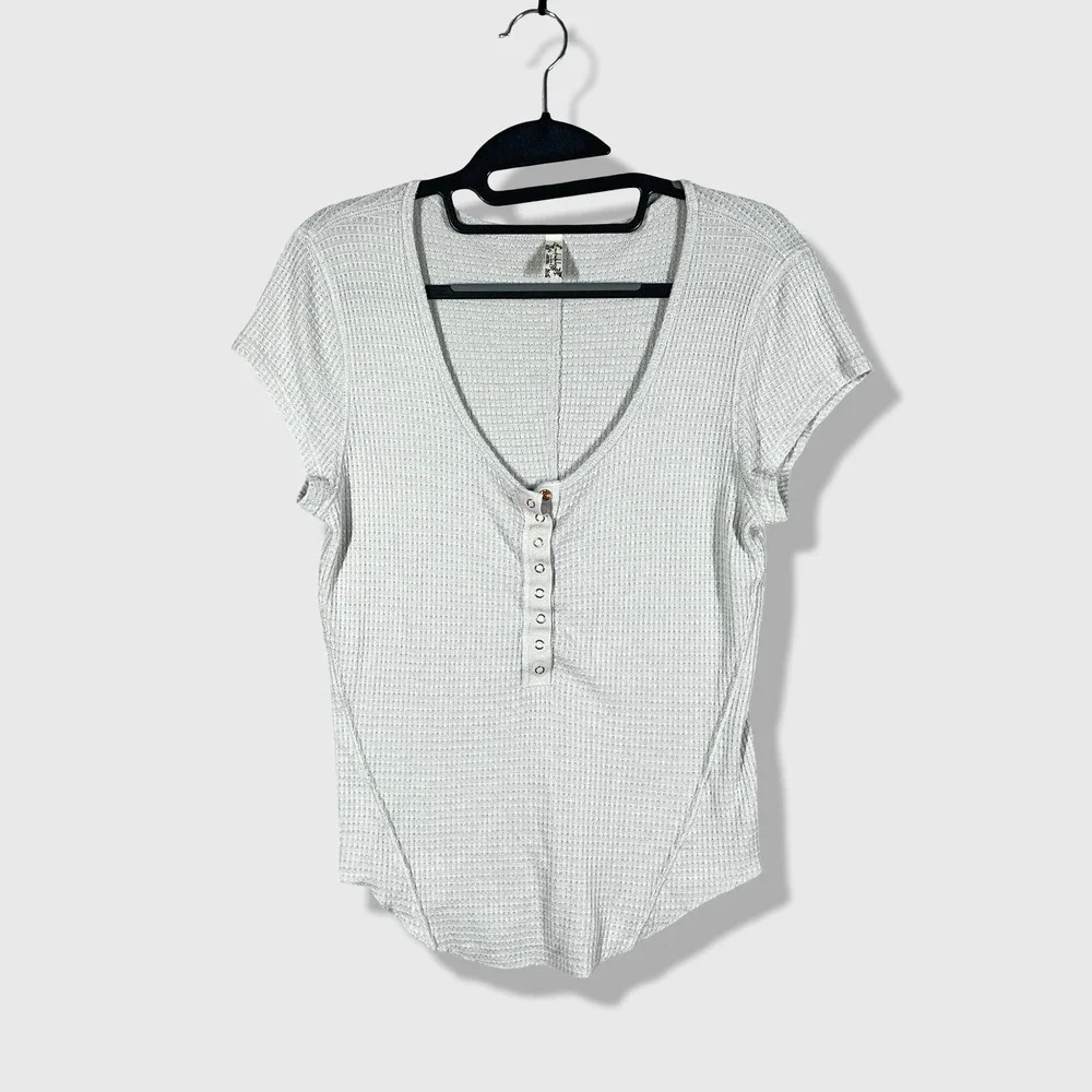 Free People Intimately Henley Top Womens Small Beige Waffle Knit Boho Gorpcore